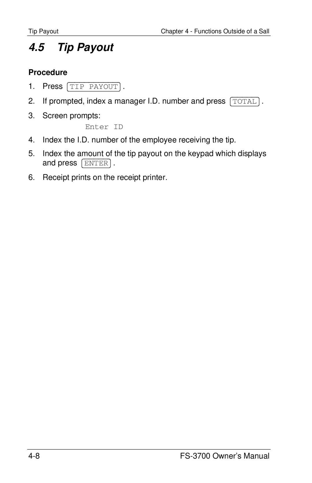 Toshiba FS-3700 Series owner manual Tip Payout, Enter ID 