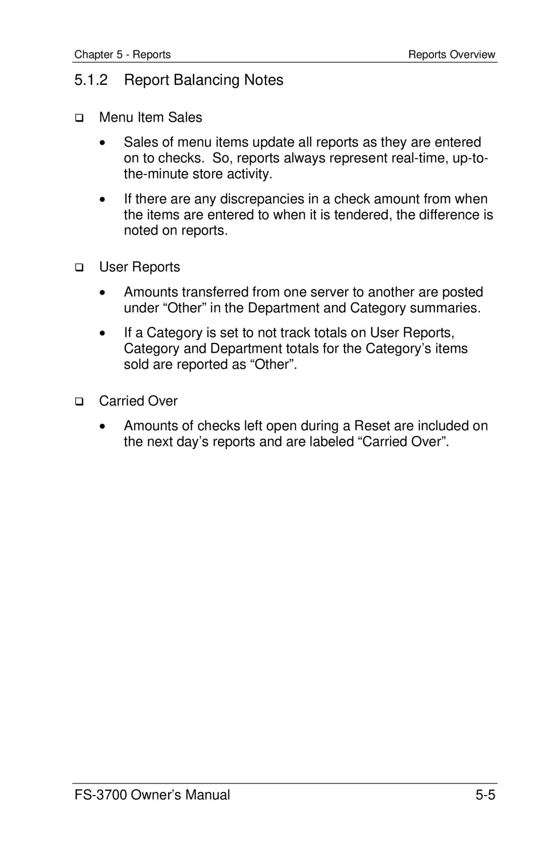 Toshiba FS-3700 Series owner manual Report Balancing Notes, Menu Item Sales, Carried Over 
