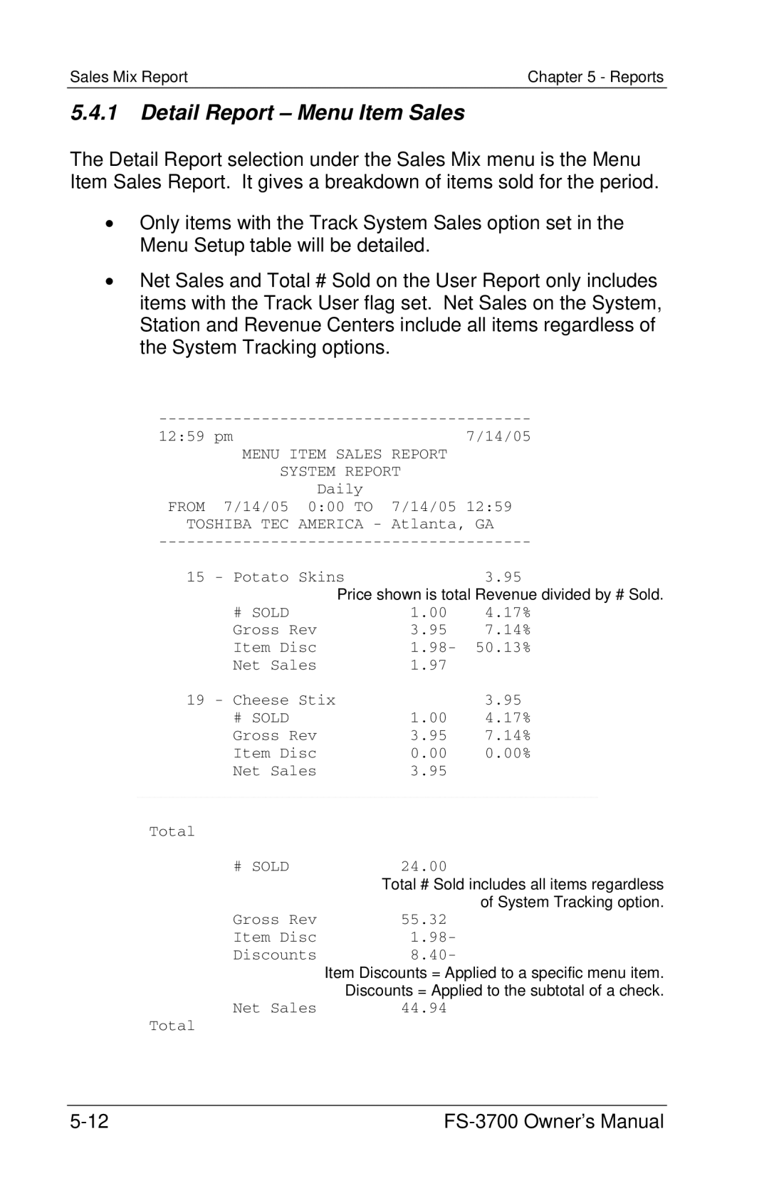 Toshiba FS-3700 Series owner manual Detail Report Menu Item Sales, Gross Rev 55.32 Item Disc Discounts 