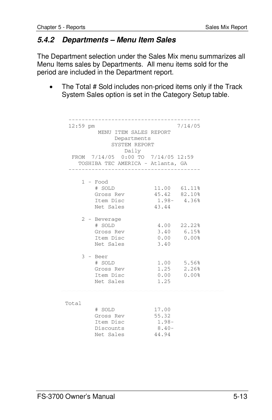 Toshiba FS-3700 Series owner manual Departments Menu Item Sales 