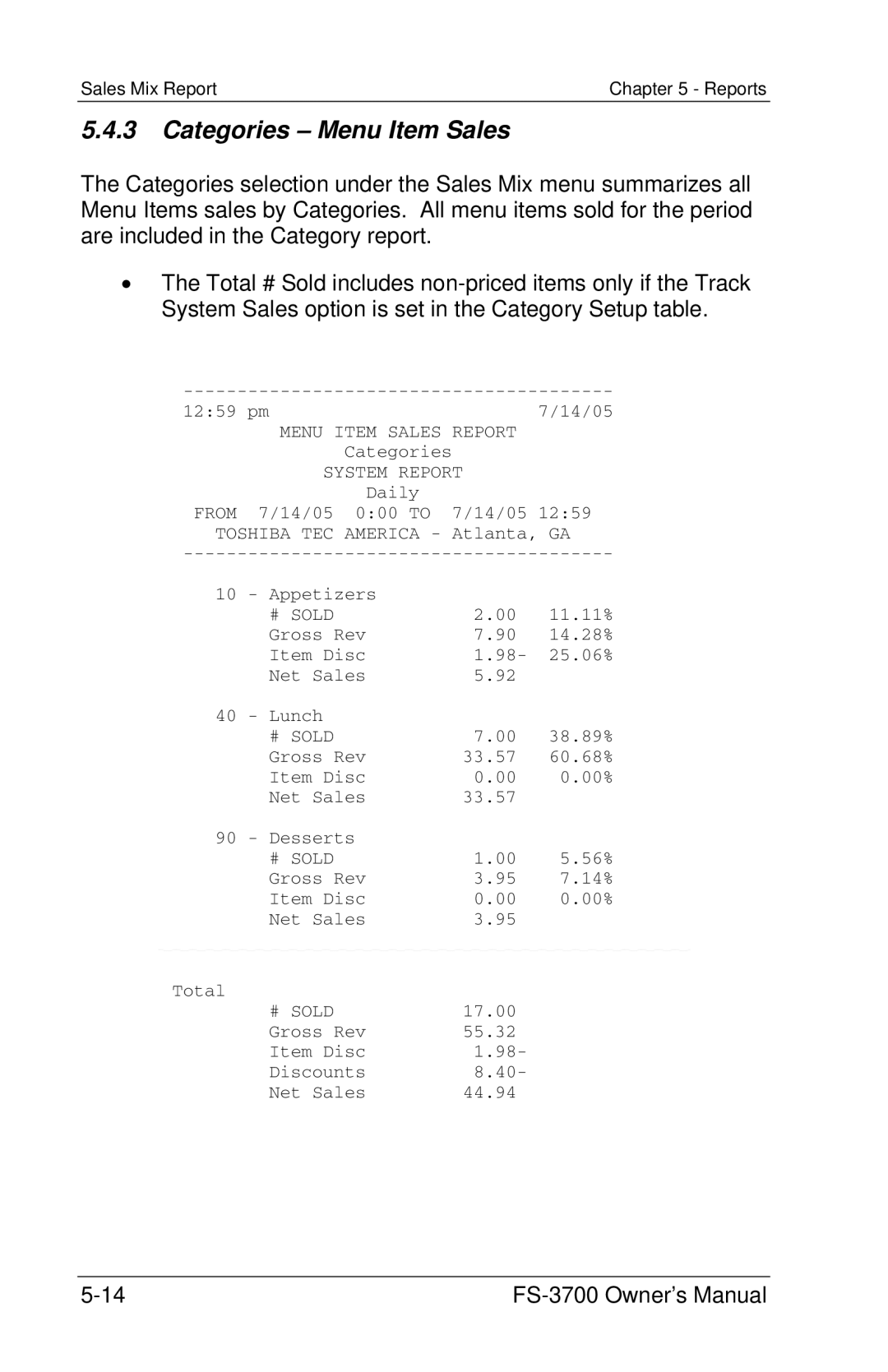 Toshiba FS-3700 Series owner manual Categories Menu Item Sales 