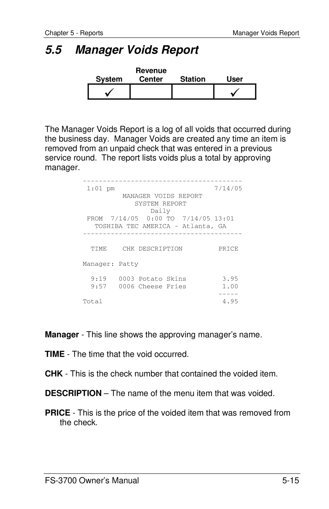 Toshiba FS-3700 Series owner manual Manager Voids Report, Revenue System Center Station User 