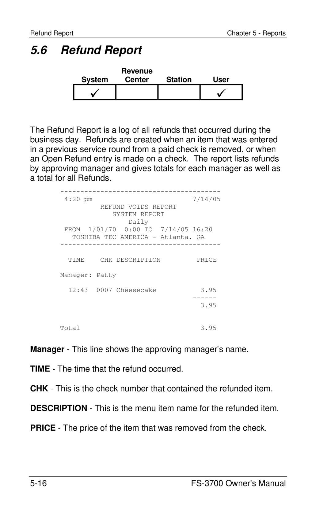 Toshiba FS-3700 Series owner manual Refund Report 