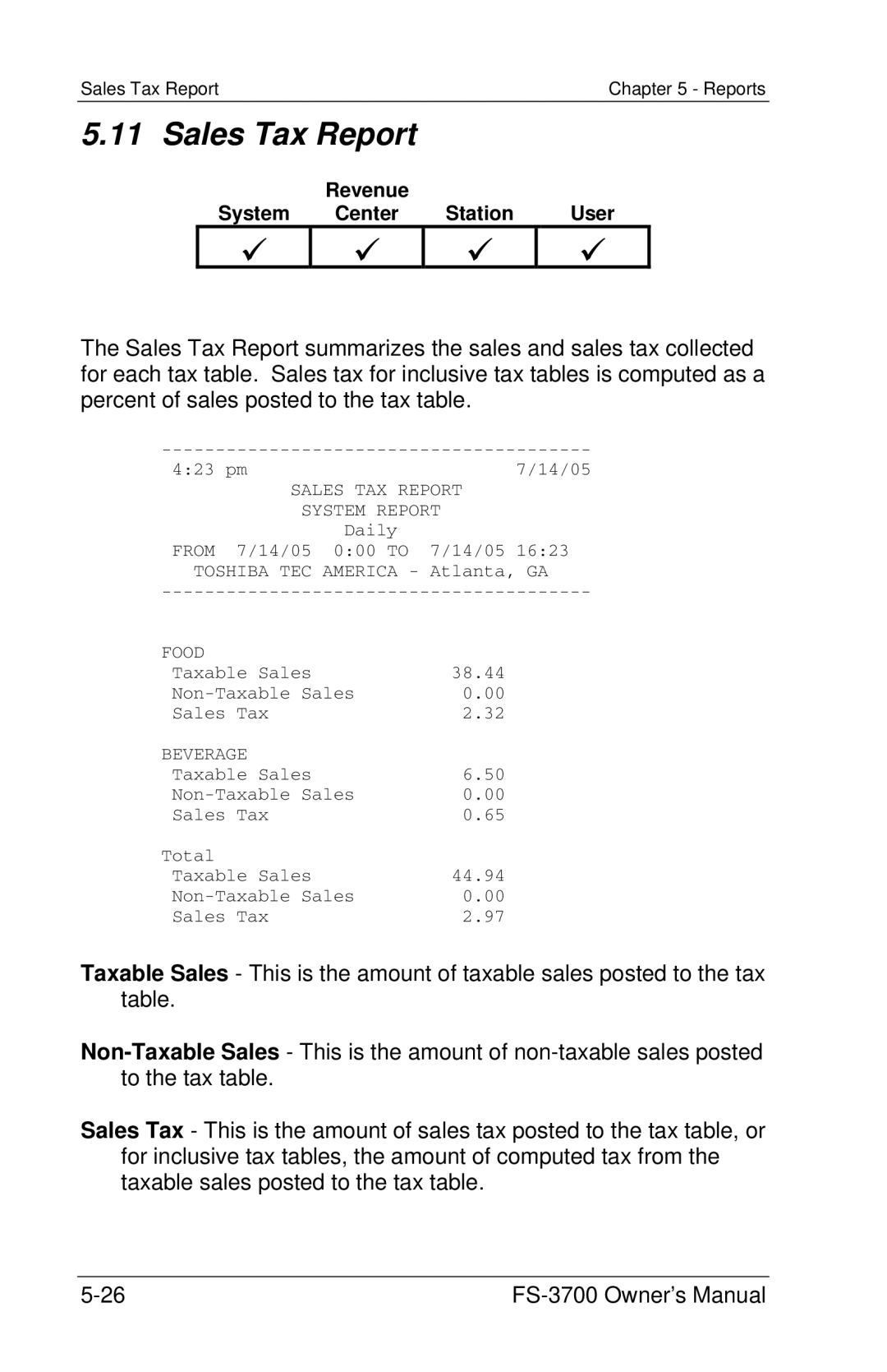 Toshiba FS-3700 Series owner manual Sales Tax Report 