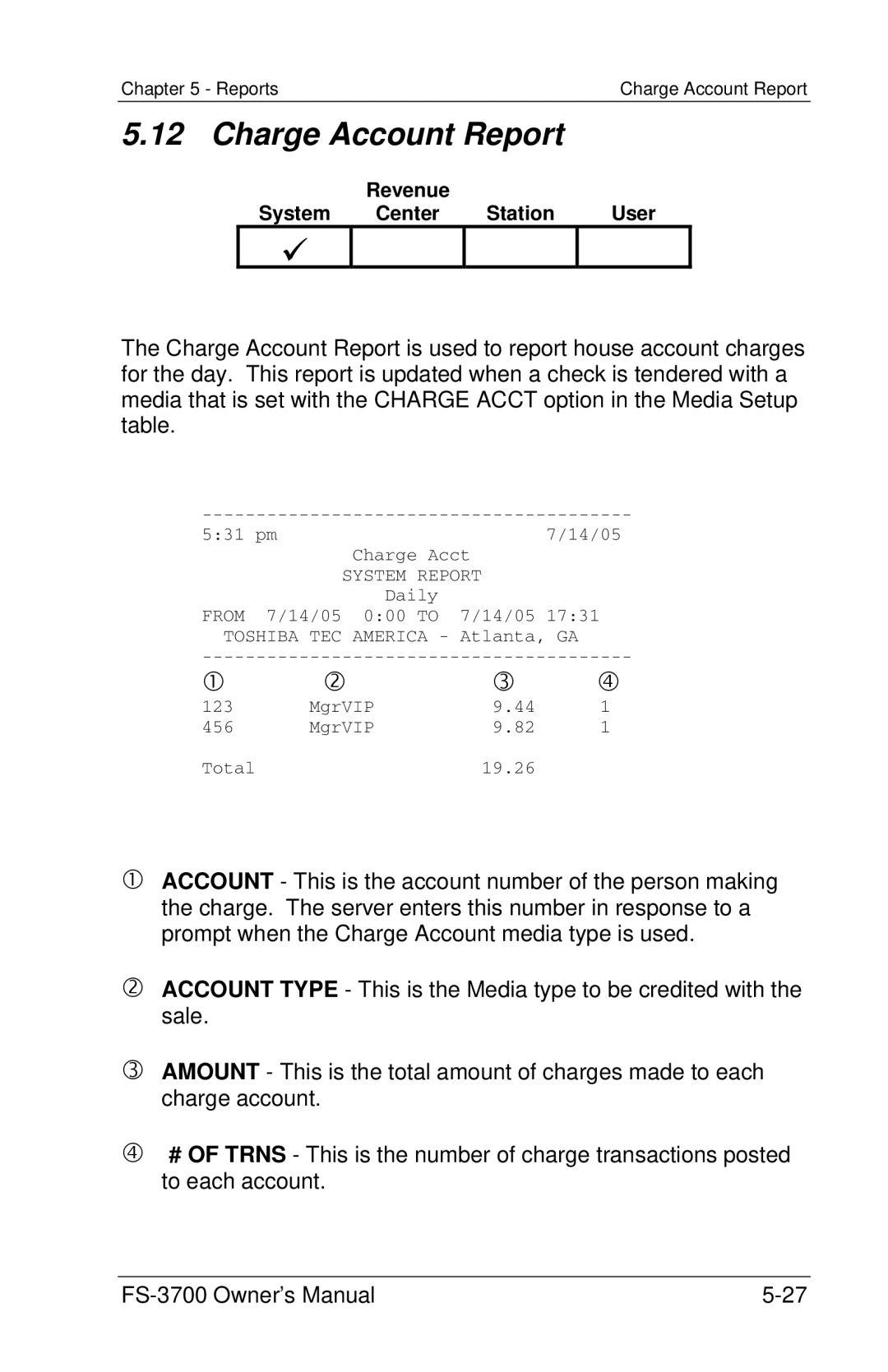 Toshiba FS-3700 Series owner manual Charge Account Report 