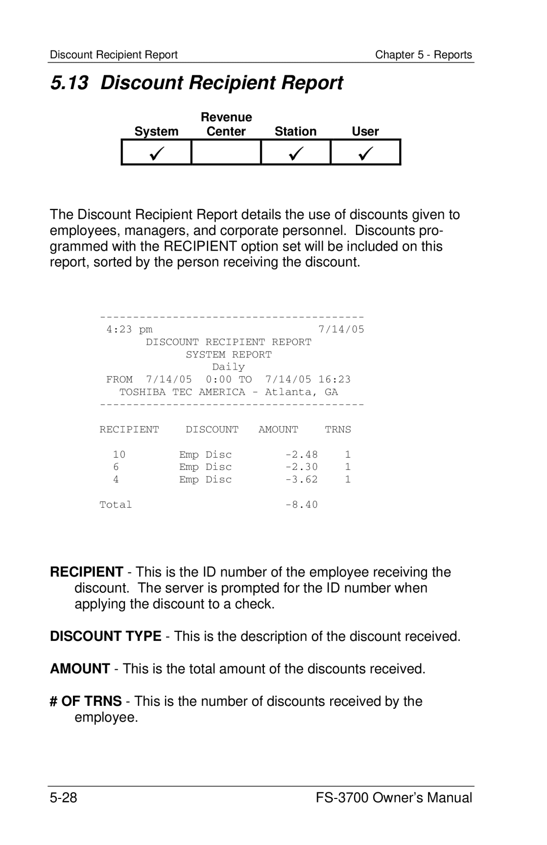 Toshiba FS-3700 Series owner manual Discount Recipient Report 