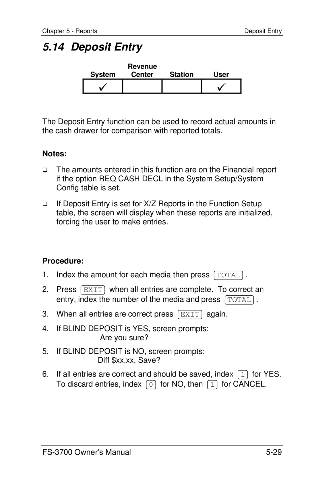 Toshiba FS-3700 Series owner manual Deposit Entry, Procedure 