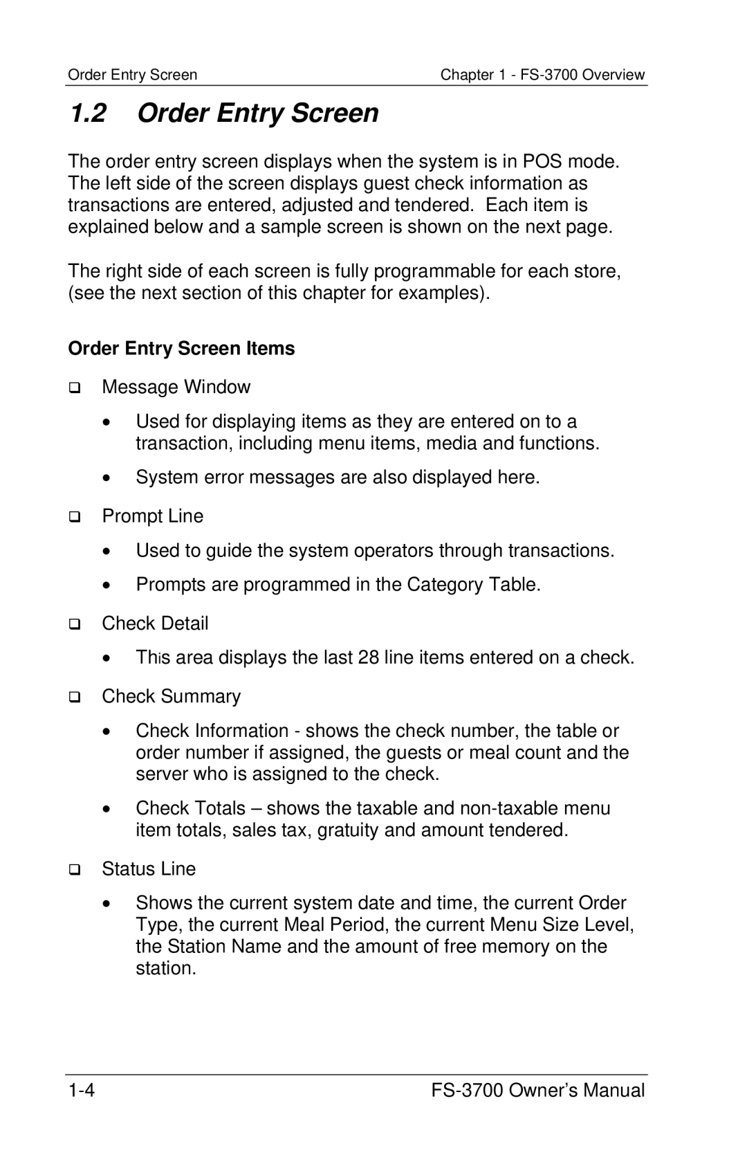 Toshiba FS-3700 Series owner manual Order Entry Screen Items 