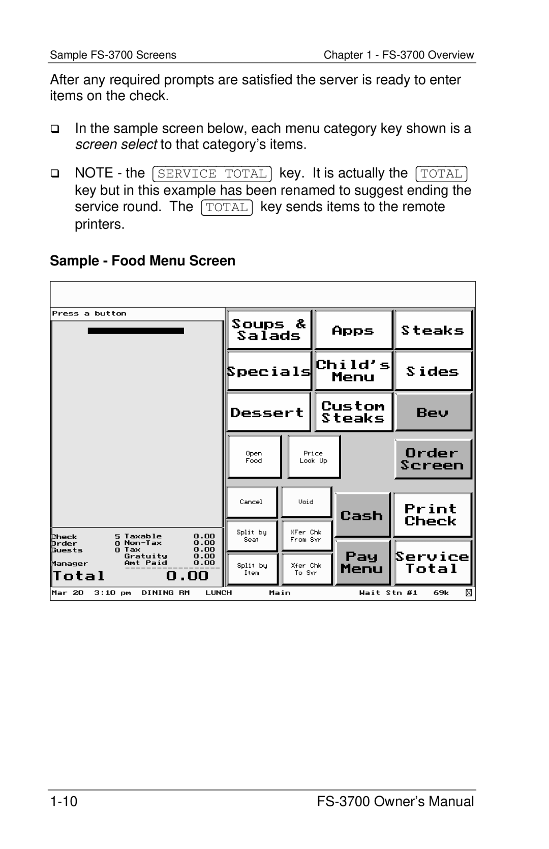 Toshiba FS-3700 Series owner manual Sample Food Menu Screen 