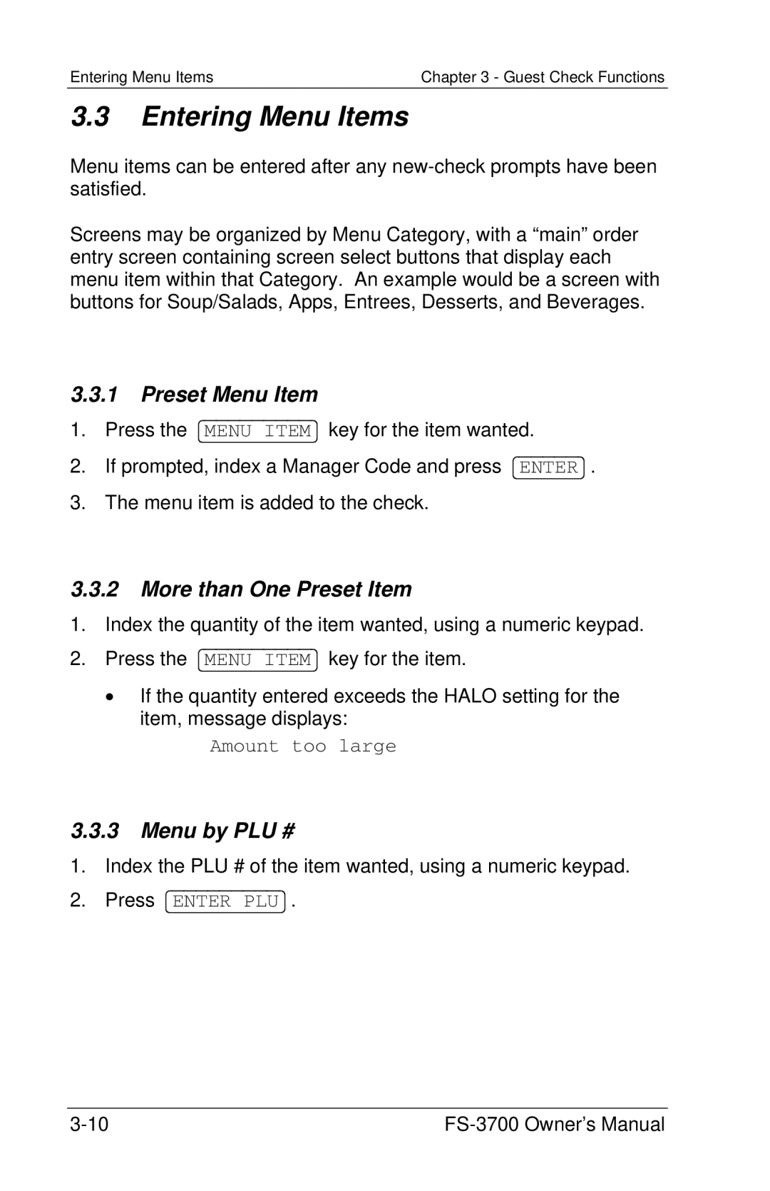 Toshiba FS-3700 Series Entering Menu Items, Preset Menu Item, More than One Preset Item, Menu by PLU #, Amount too large 