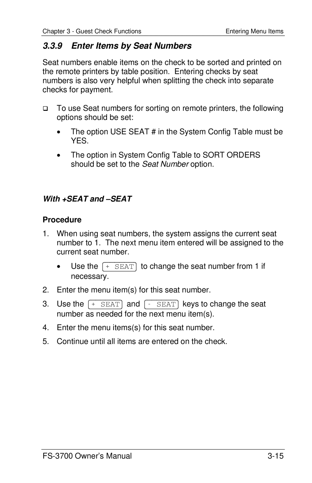 Toshiba FS-3700 Series owner manual Enter Items by Seat Numbers, With +SEAT and -SEAT 