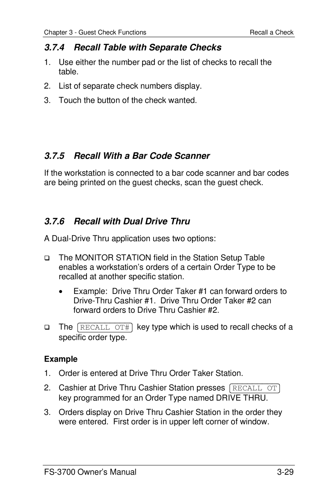 Toshiba FS-3700 Series Recall Table with Separate Checks, Recall With a Bar Code Scanner, Recall with Dual Drive Thru 