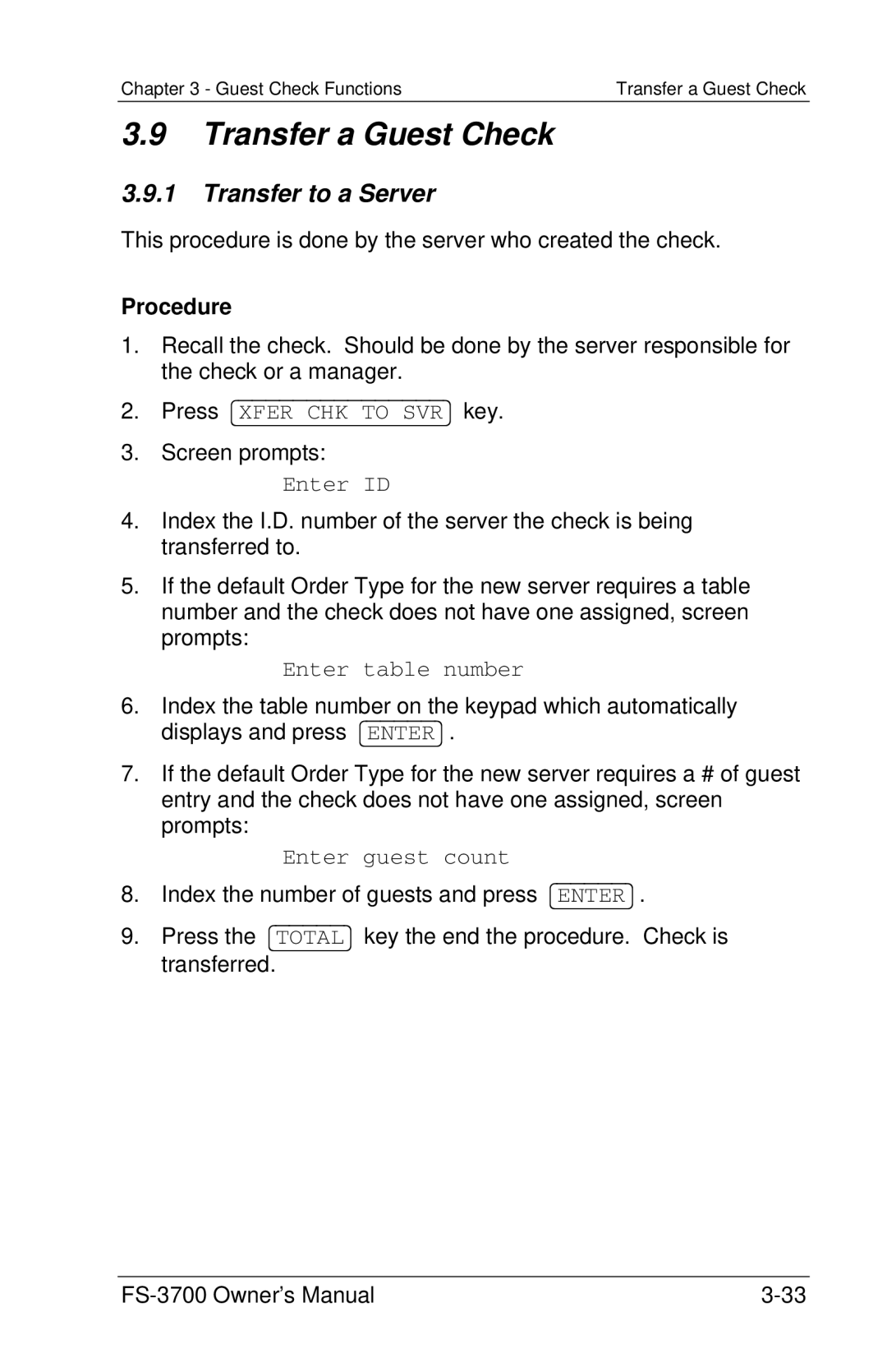 Toshiba FS-3700 Series Transfer a Guest Check, Transfer to a Server, Enter ID, Enter table number, Enter guest count 