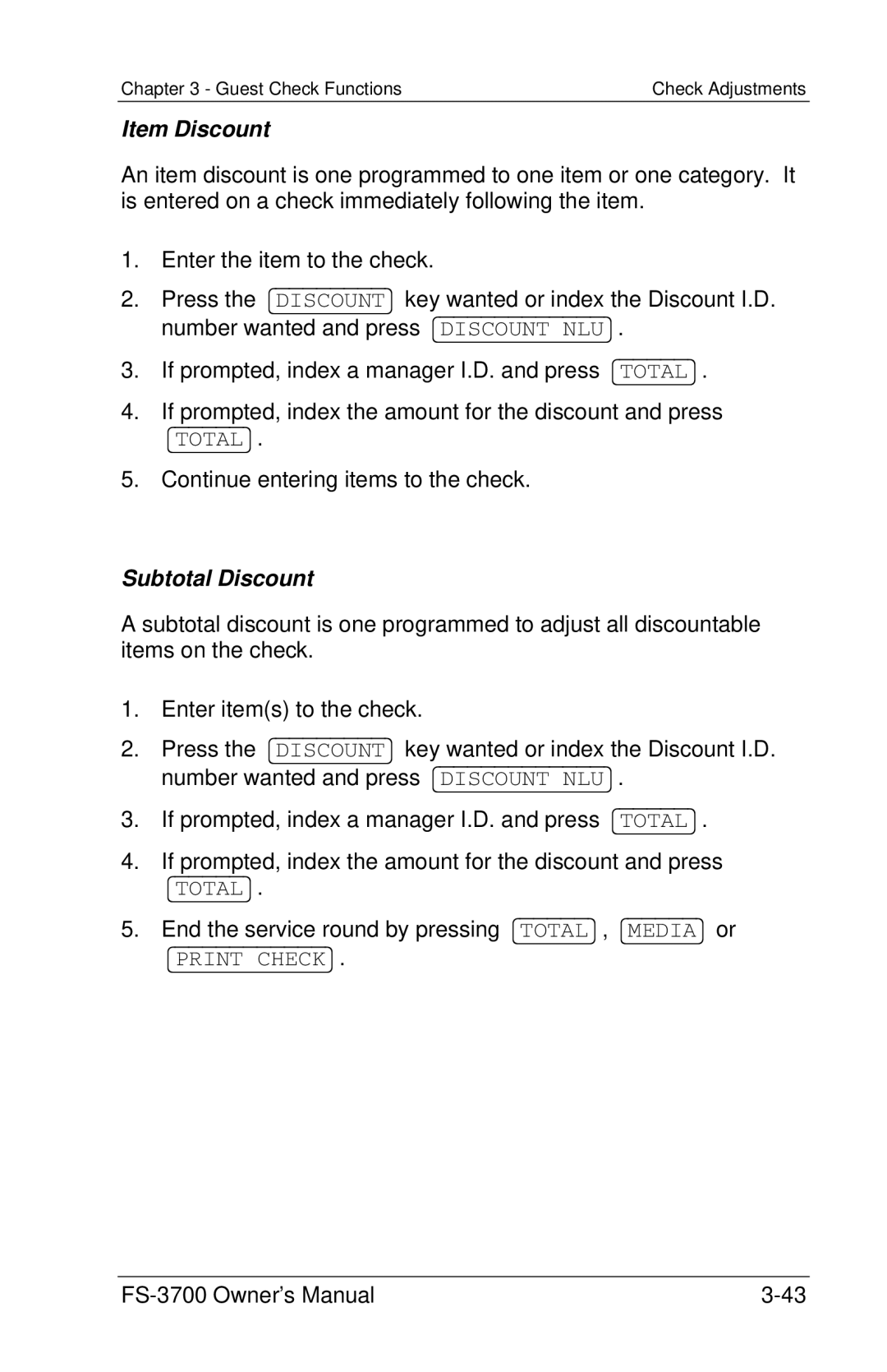 Toshiba FS-3700 Series owner manual Item Discount, Subtotal Discount 