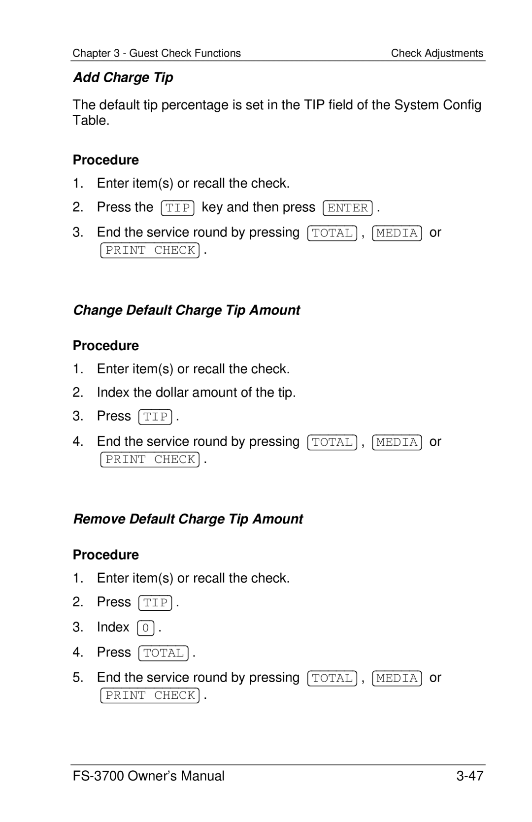 Toshiba FS-3700 Series owner manual Add Charge Tip, Change Default Charge Tip Amount, Remove Default Charge Tip Amount 