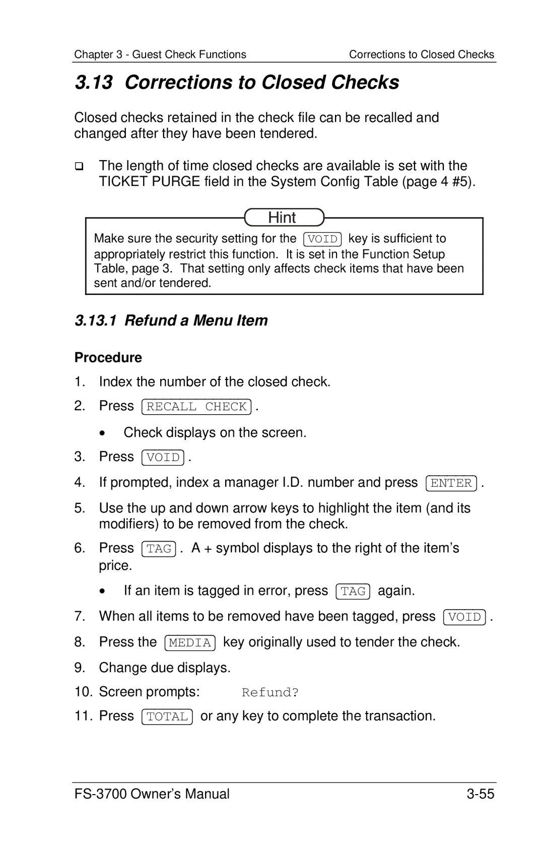 Toshiba FS-3700 Series owner manual Corrections to Closed Checks, Refund a Menu Item, Refund? 