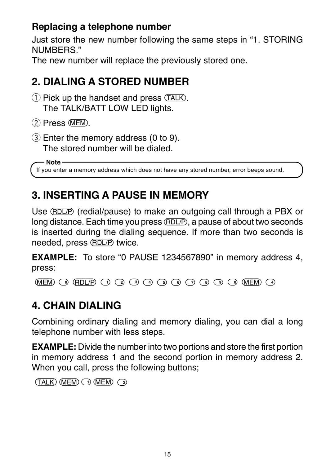 Toshiba FT-8001 AW manual Dialing a Stored Number, Inserting a Pause in Memory, Chain Dialing 