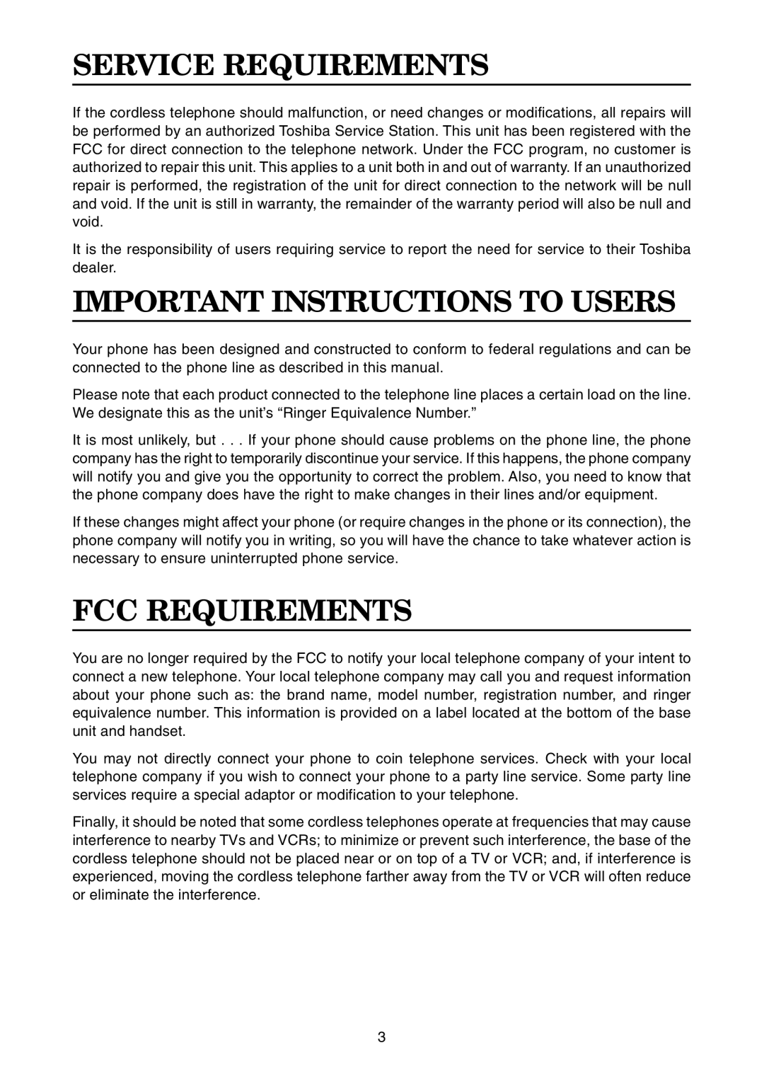 Toshiba FT-8001 AW manual Service Requirements, Important Instructions to Users, FCC Requirements 