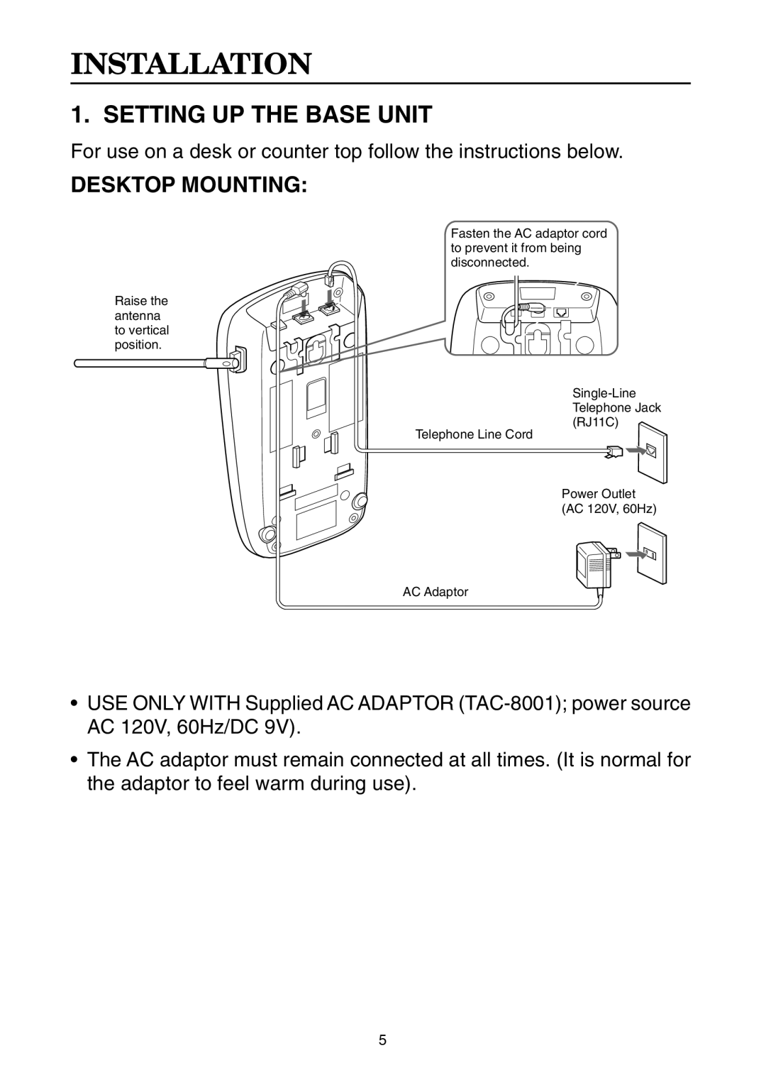 Toshiba FT-8001 AW manual Installation, Setting UP the Base Unit 