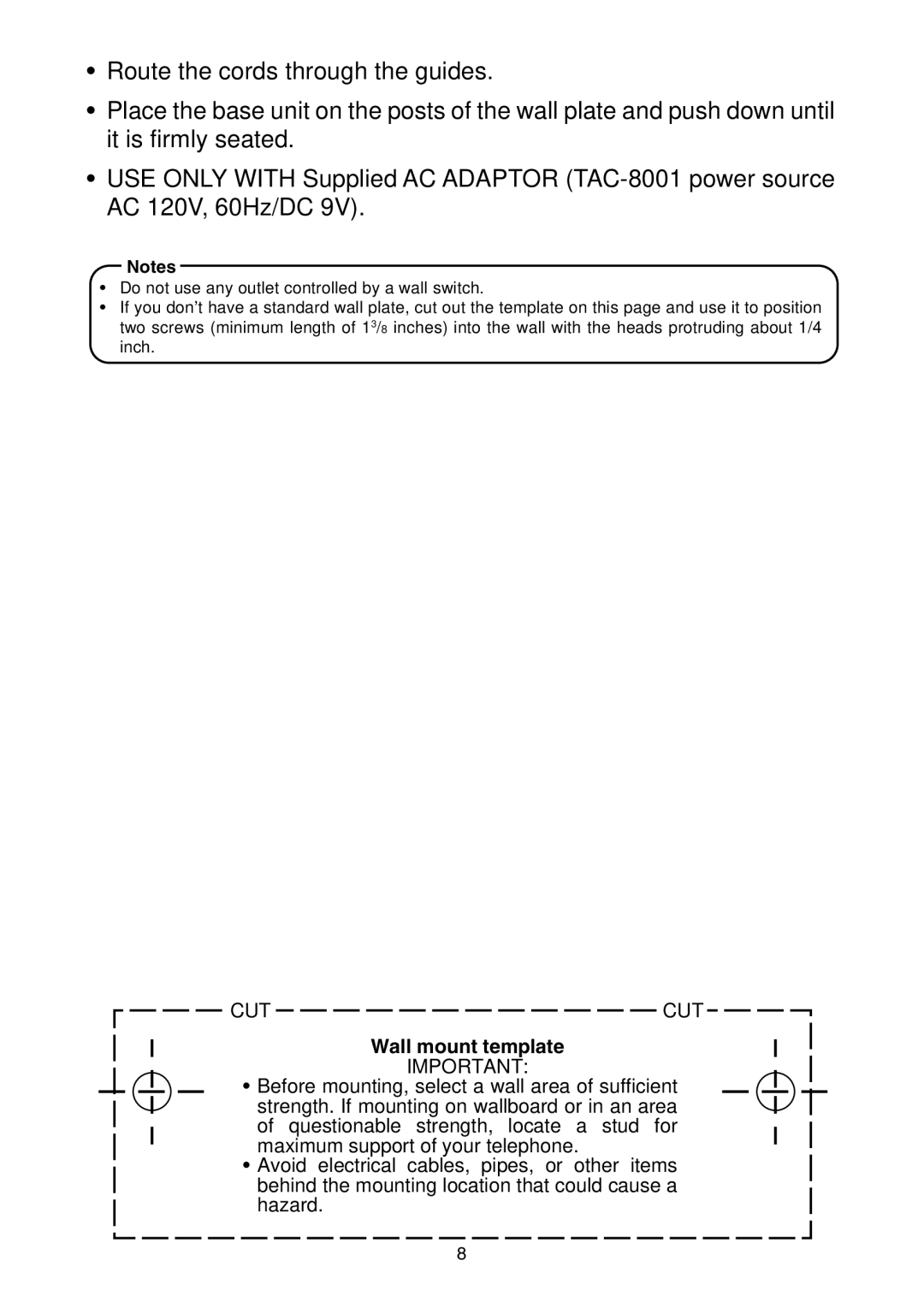 Toshiba FT-8001 AW manual Wall mount template 