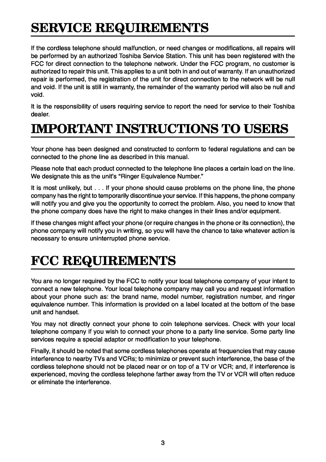 Toshiba FT-8001 AW manual Service Requirements, Important Instructions To Users, Fcc Requirements 