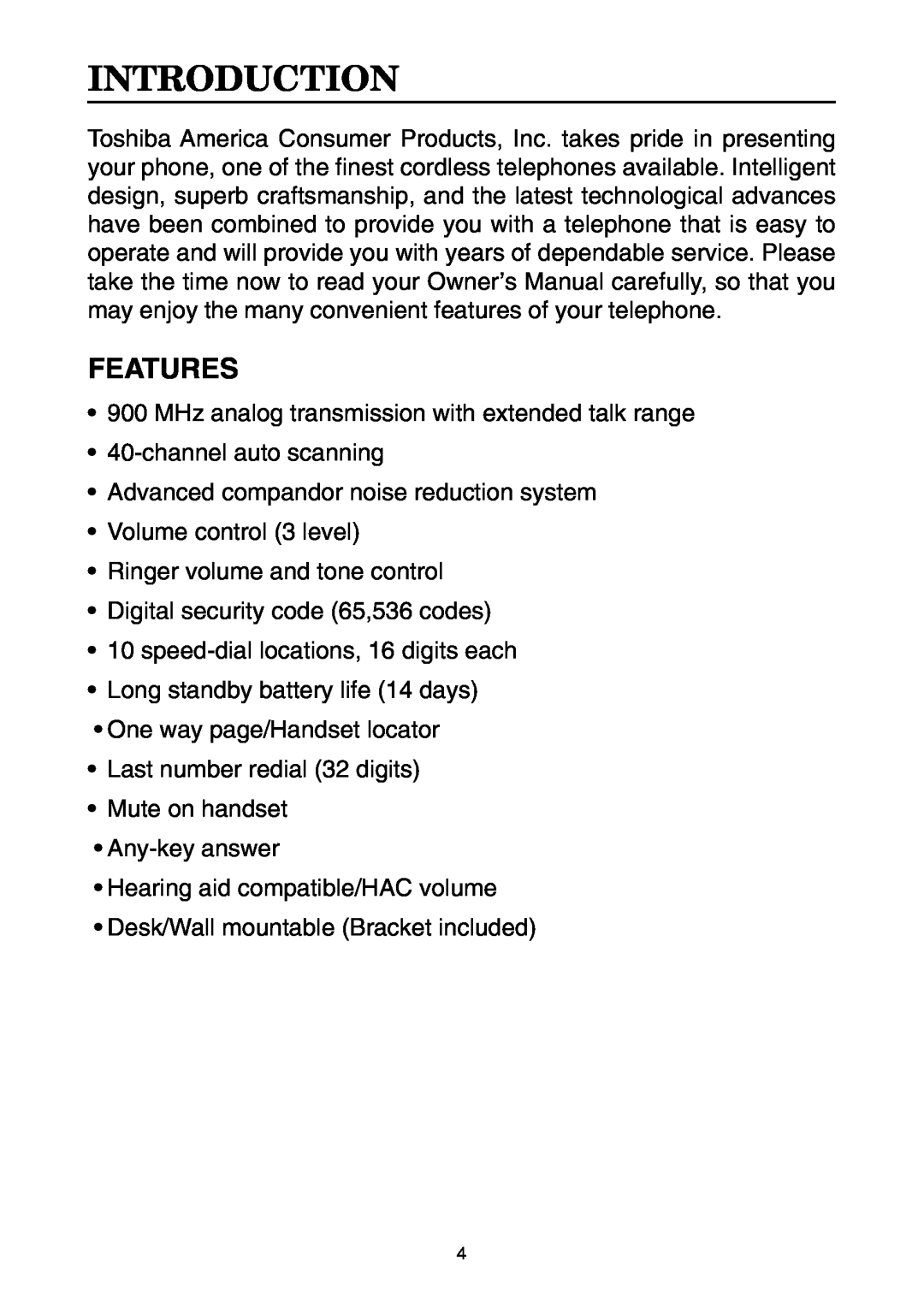 Toshiba FT-8001 AW manual Introduction, Features 