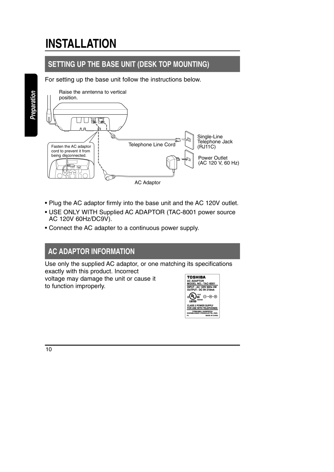 Toshiba FT-8801A manual Installation, Setting UP the Base Unit Desk TOP Mounting, AC Adaptor Information 