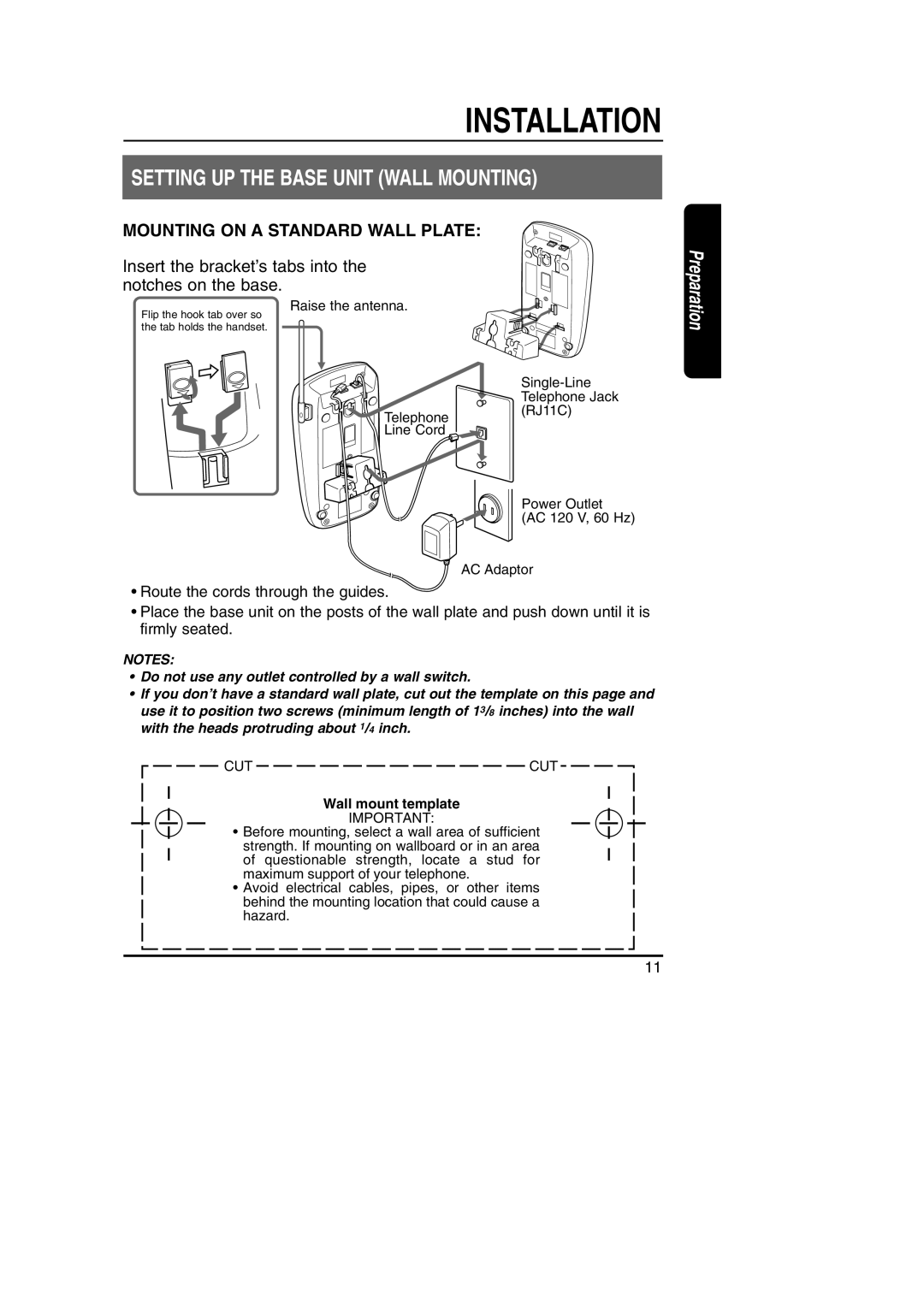 Toshiba FT-8801A manual Setting UP the Base Unit Wall Mounting, Mounting on a Standard Wall Plate 