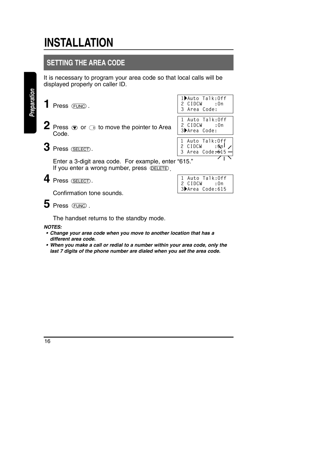 Toshiba FT-8801A manual Setting the Area Code 