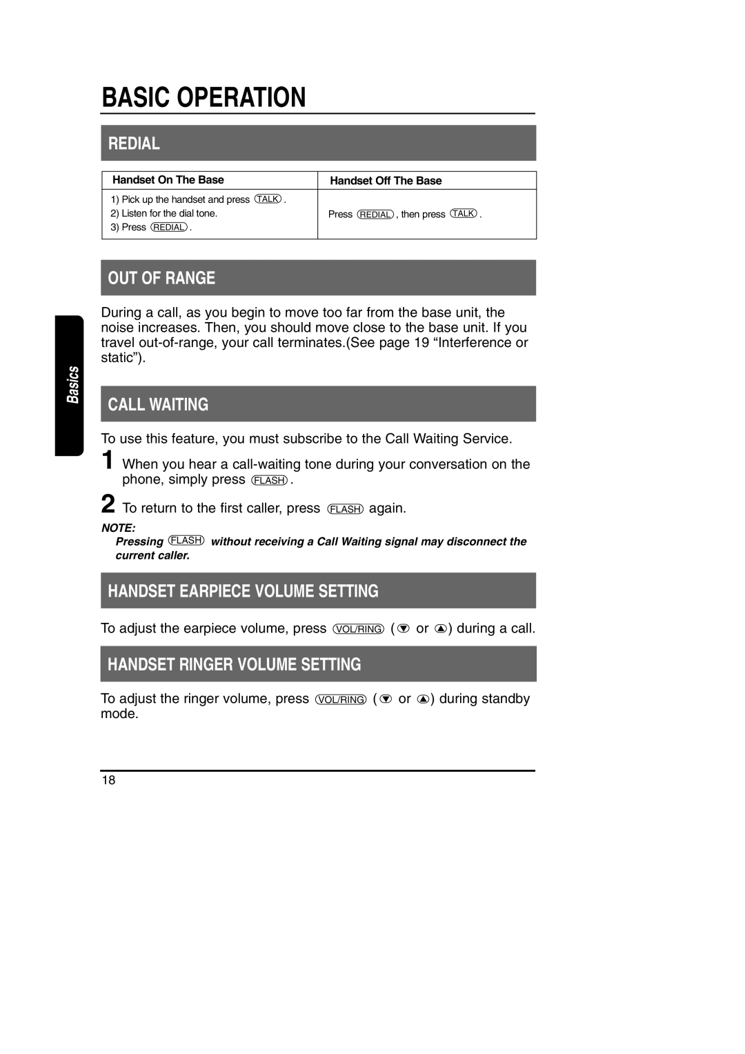 Toshiba FT-8801A manual Redial, OUT of Range, Call Waiting, Handset Earpiece Volume Setting, Handset Ringer Volume Setting 