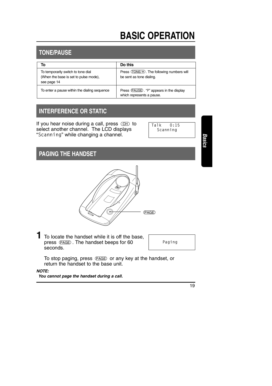 Toshiba FT-8801A manual Tone/Pause, Interference or Static, Paging the Handset 