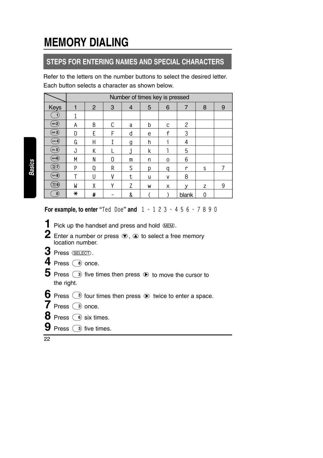 Toshiba FT-8801A manual Steps for Entering Names and Special Characters 