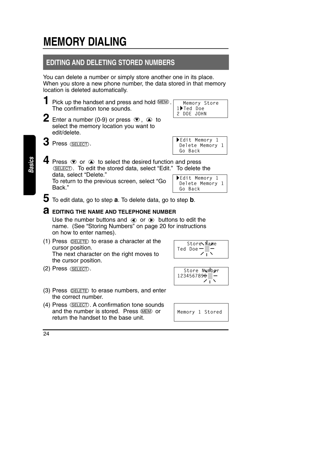 Toshiba FT-8801A manual Editing and Deleting Stored Numbers 