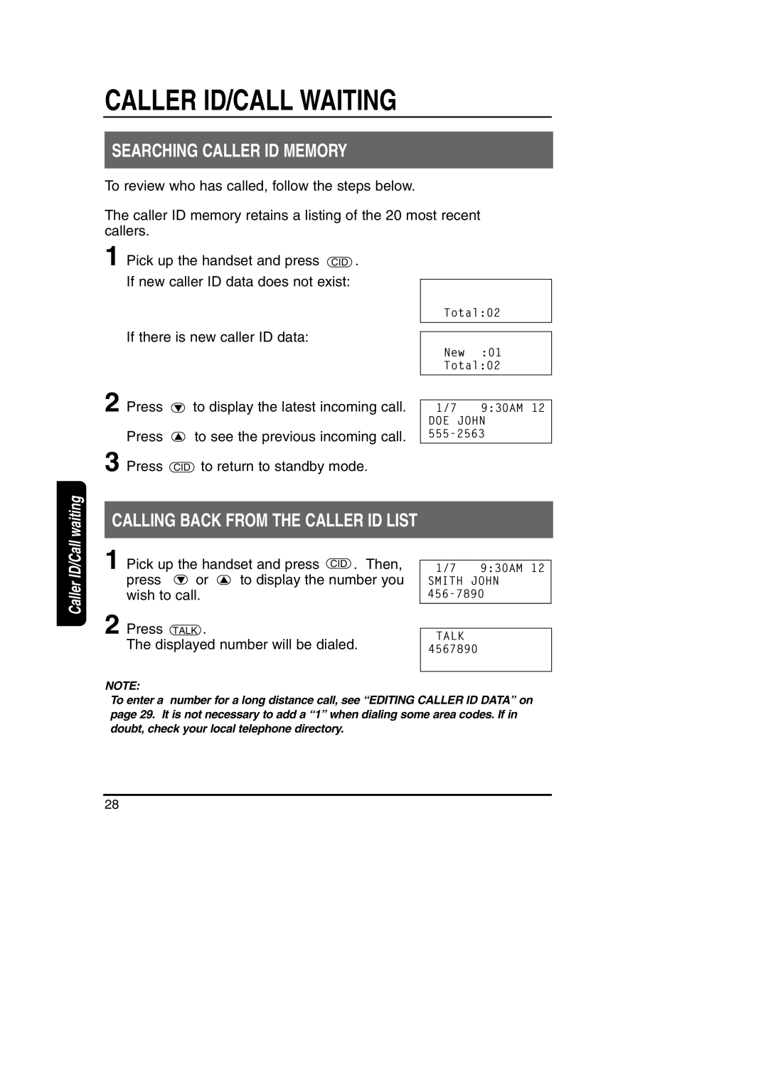 Toshiba FT-8801A manual Searching Caller ID Memory, Calling Back from the Caller ID List 