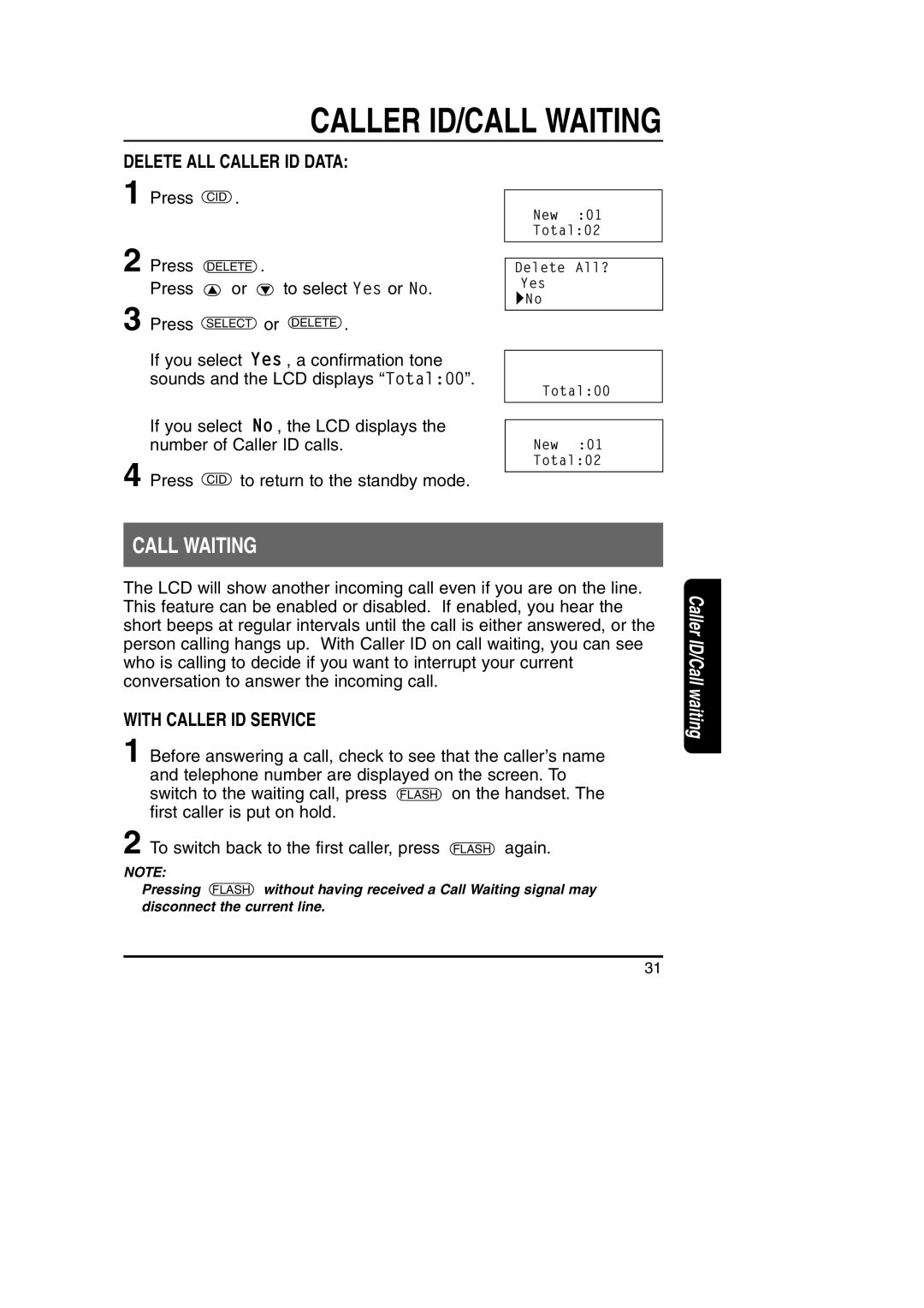 Toshiba FT-8801A manual Delete ALL Caller ID Data 