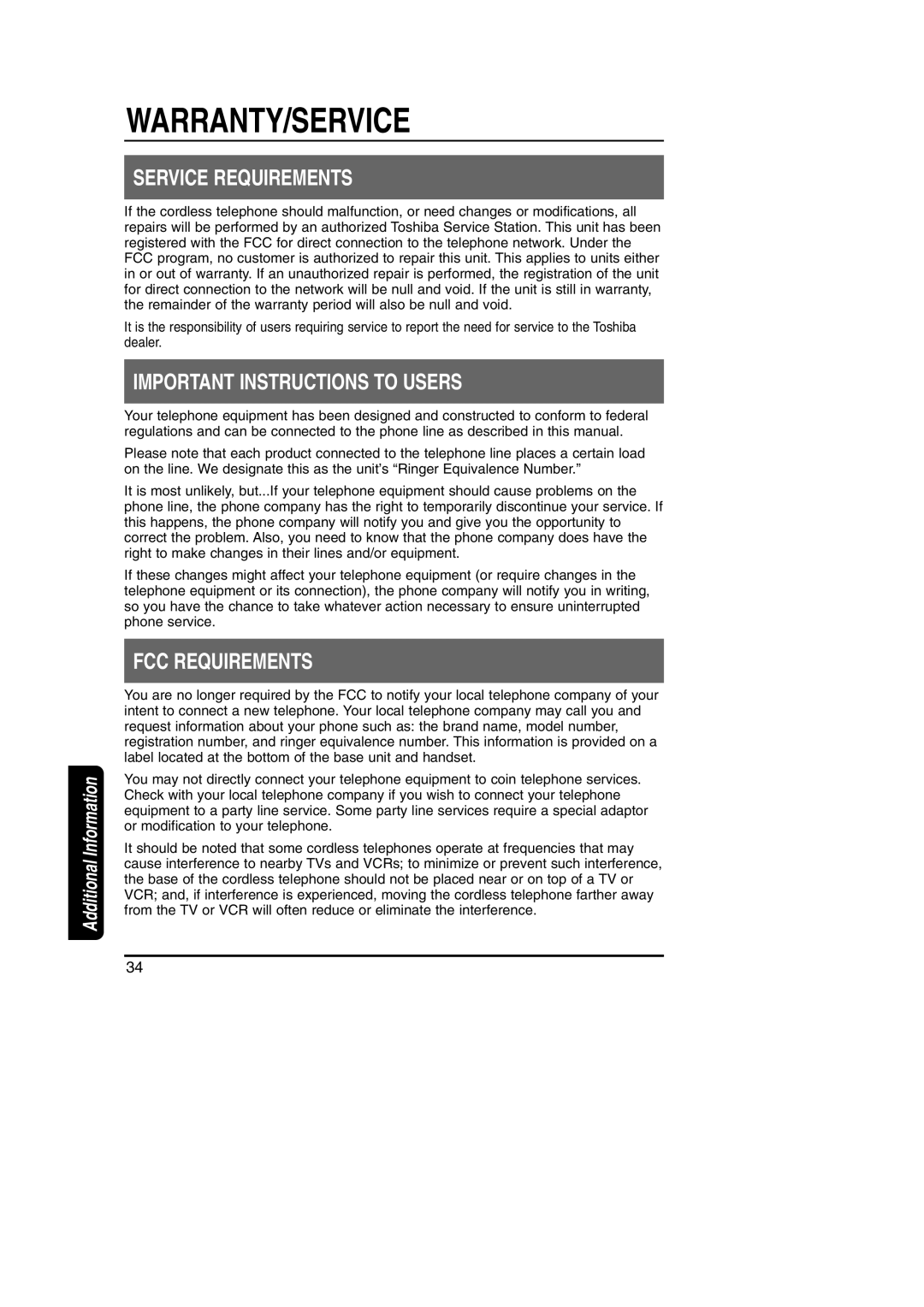 Toshiba FT-8801A manual Warranty/Service, Service Requirements, Important Instructions to Users, FCC Requirements 