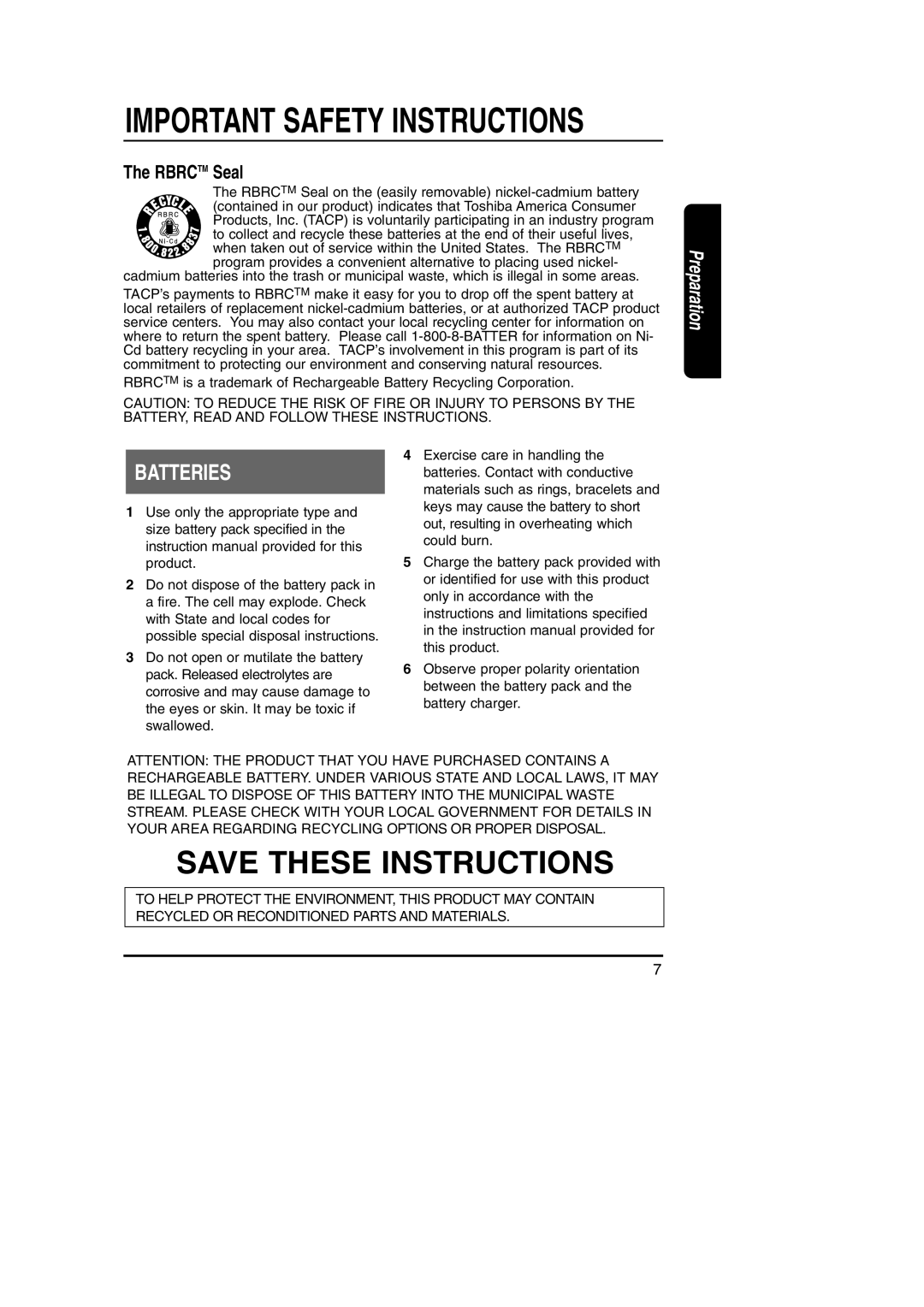 Toshiba FT-8801A manual Important Safety Instructions, Batteries 