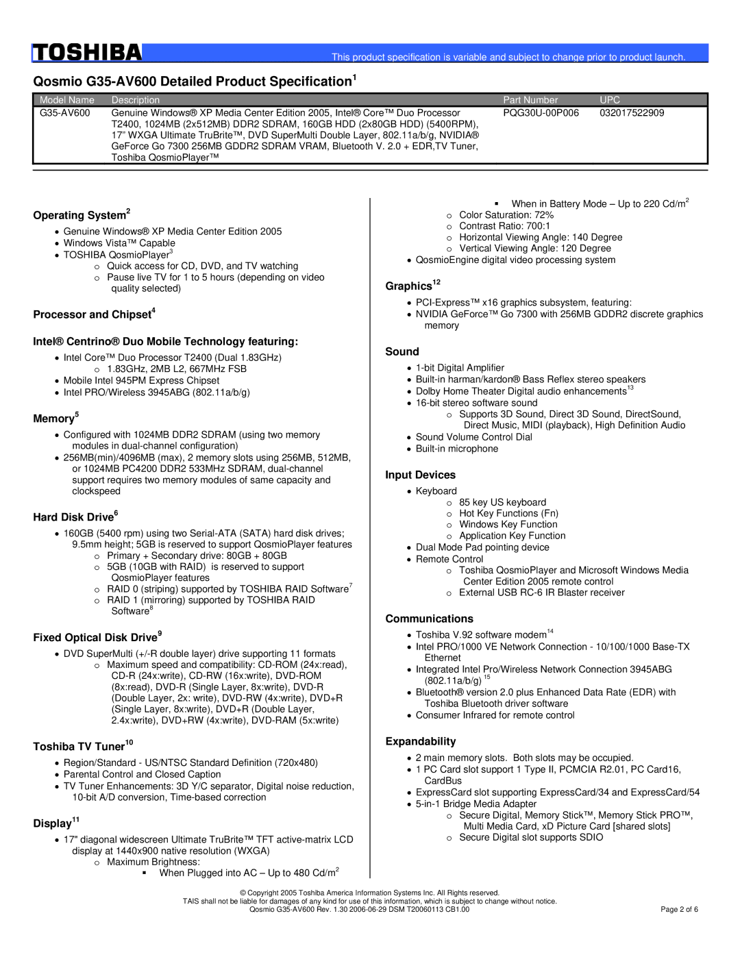 Toshiba manual Qosmio G35-AV600 Detailed Product Specification1, Upc 