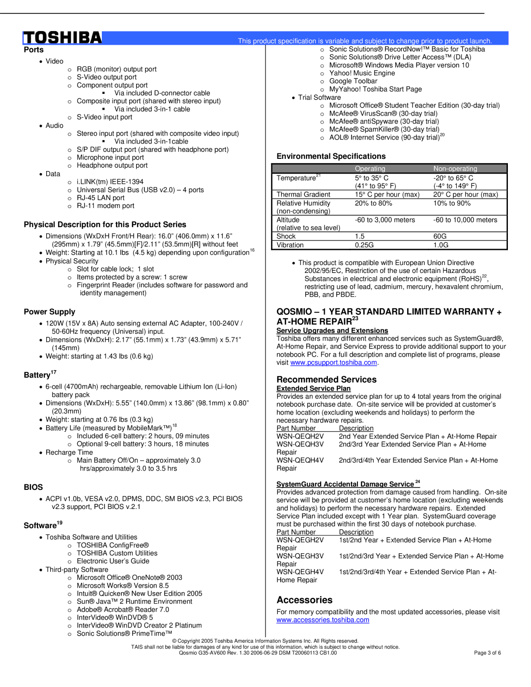 Toshiba G35-AV600 manual Accessories, Service Upgrades and Extensions, Extended Service Plan 