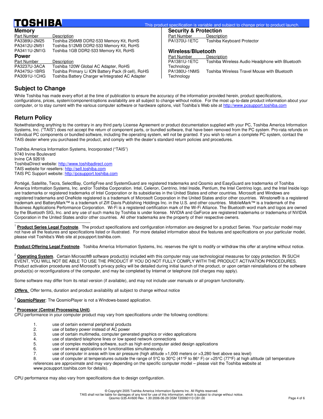 Toshiba G35-AV600 manual Subject to Change Return Policy, Processor Central Processing Unit 