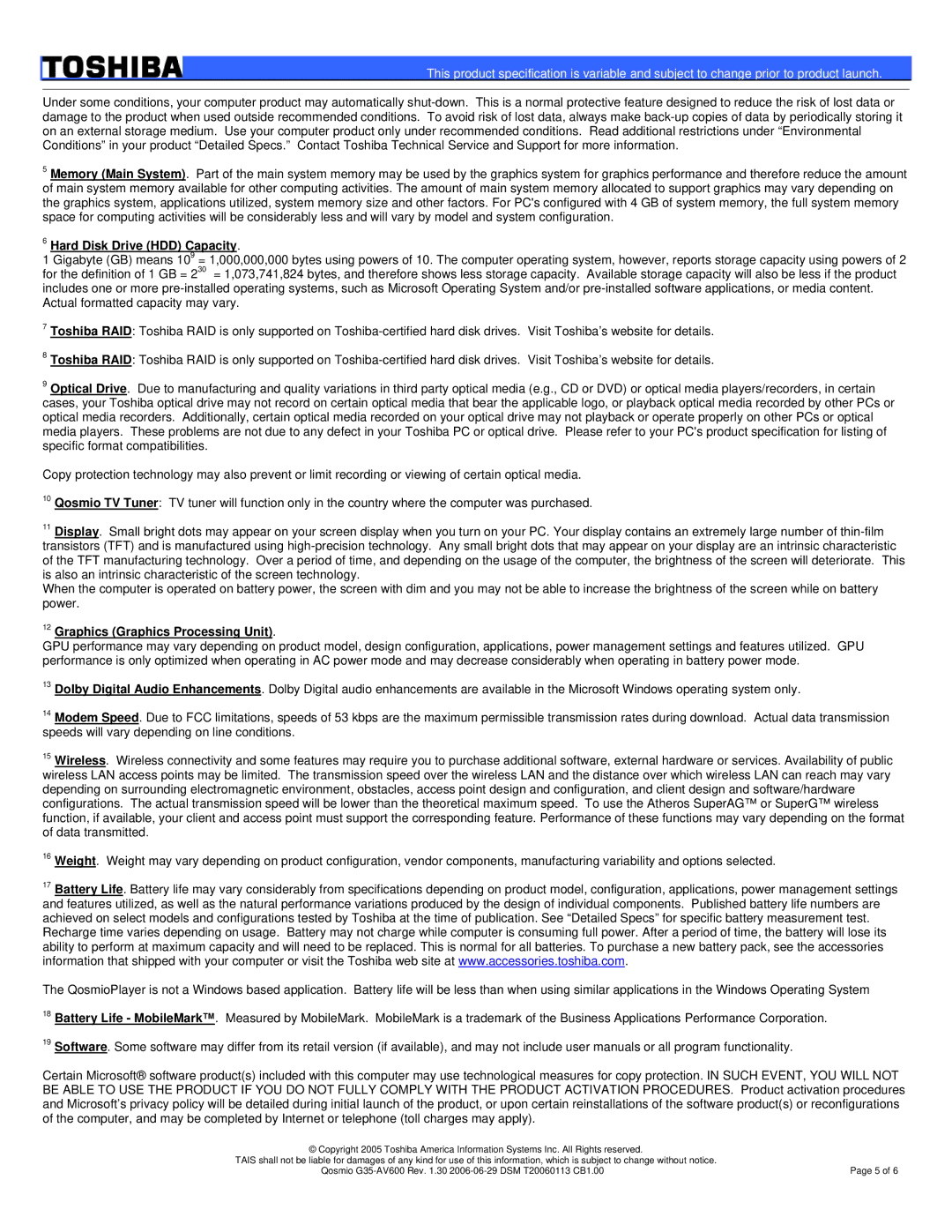 Toshiba G35-AV600 manual Hard Disk Drive HDD Capacity, Graphics Graphics Processing Unit 