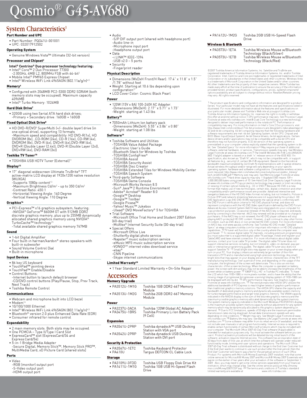 Toshiba G45-AV680 Part Number and UPC, Operating System, Memory6, Hard Disk Drive7, Fixed Optical Disk Drive8, Display12 