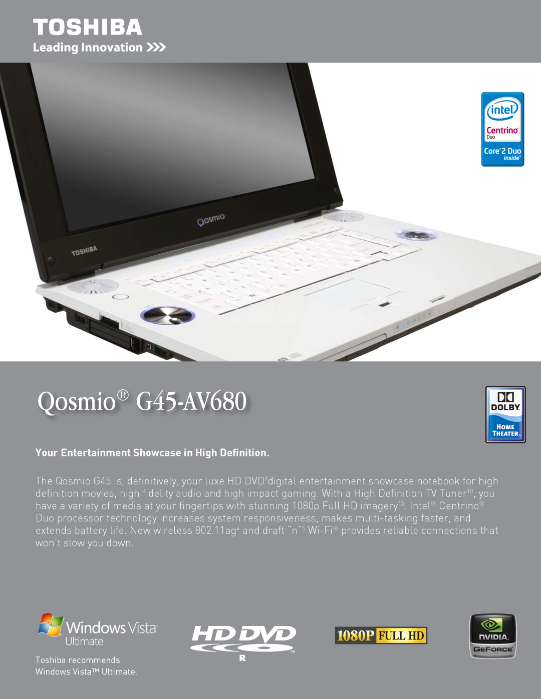 Toshiba manual Qosmio G45-AV680, Your Entertainment Showcase in High Deﬁnition 