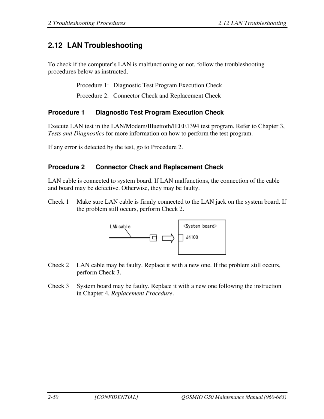 Toshiba G50 manual Troubleshooting Procedures LAN Troubleshooting 