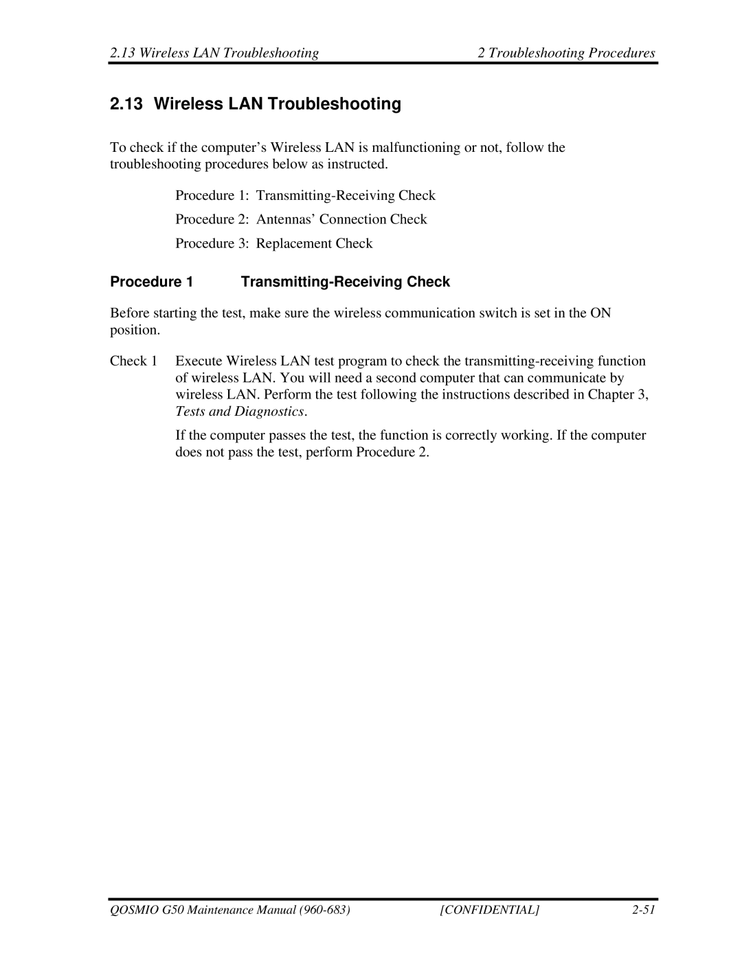 Toshiba G50 manual Wireless LAN Troubleshooting Troubleshooting Procedures, Procedure 1 Transmitting-Receiving Check 