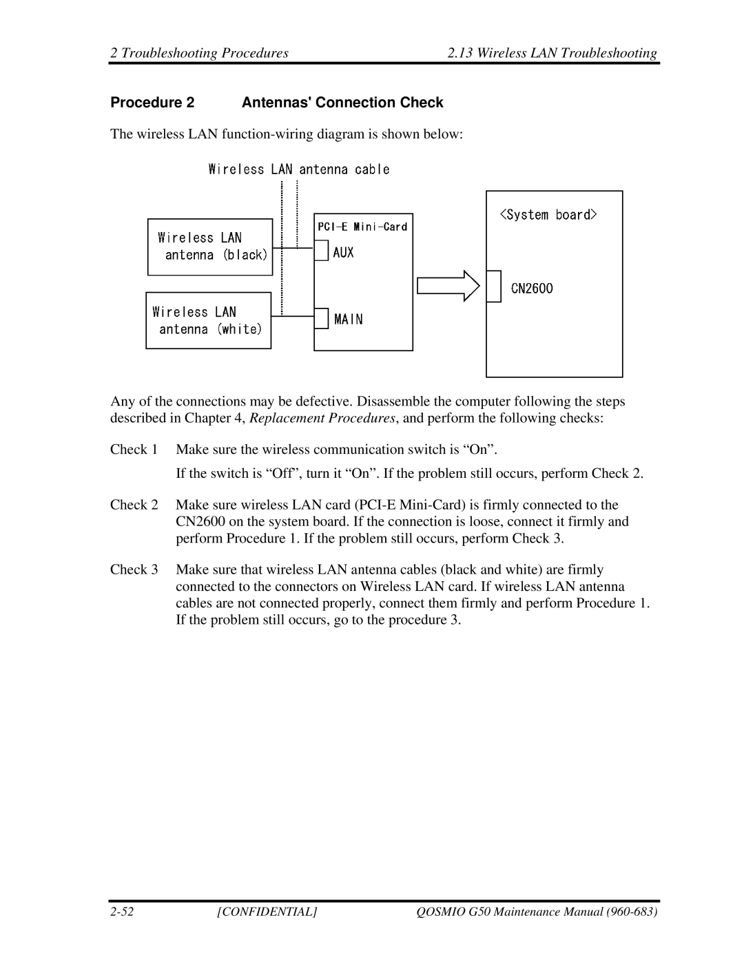 Toshiba G50 manual Troubleshooting Procedures Wireless LAN Troubleshooting, Procedure 2 Antennas Connection Check 