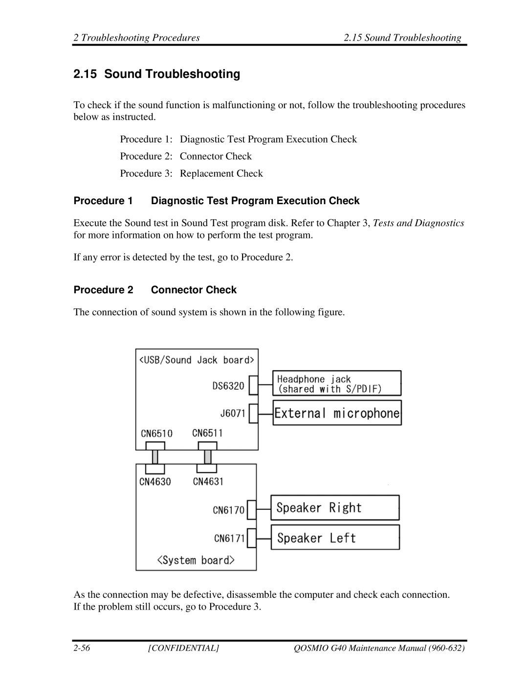 Toshiba G50 manual Troubleshooting Procedures Sound Troubleshooting, Procedure 2 Connector Check 