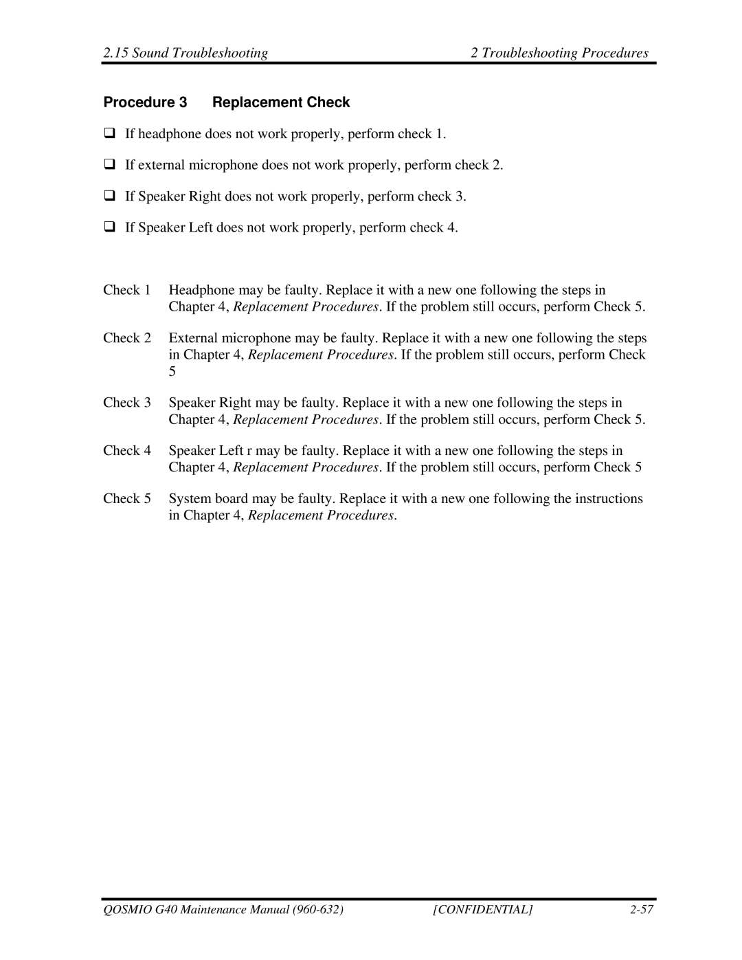 Toshiba G50 manual Sound Troubleshooting Troubleshooting Procedures, Procedure 3 Replacement Check 