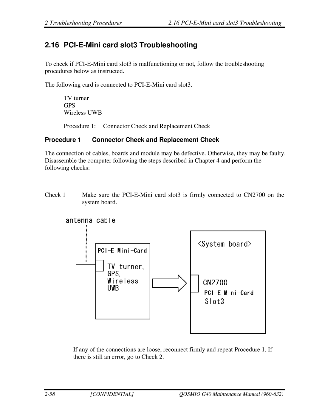 Toshiba G50 manual PCI-E-Mini card slot3 Troubleshooting, Procedure 1 Connector Check and Replacement Check 