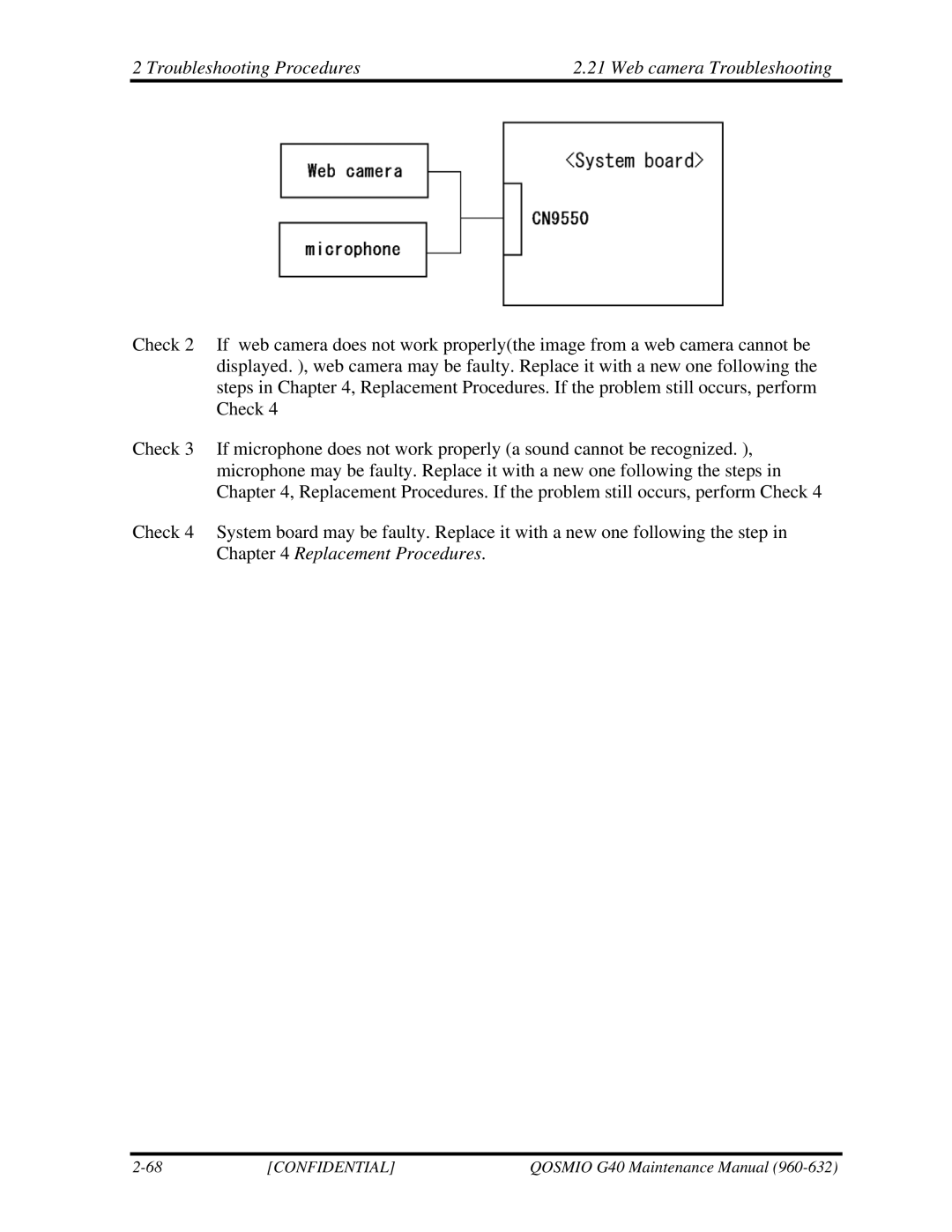 Toshiba G50 manual Troubleshooting Procedures Web camera Troubleshooting 